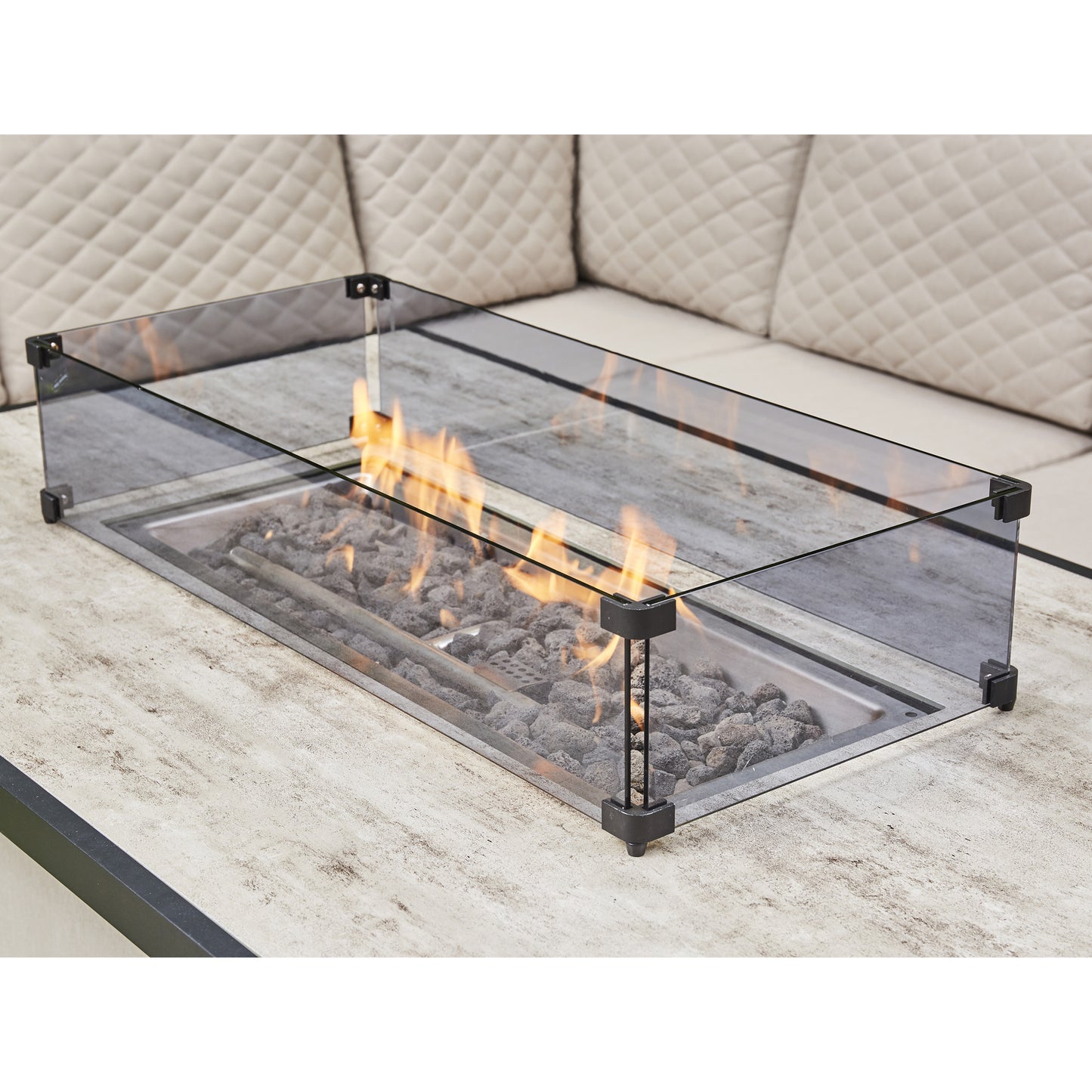 Modern L-Shaped 9-Seater Aluminium Patio Set with Fire Pit Table in Beige