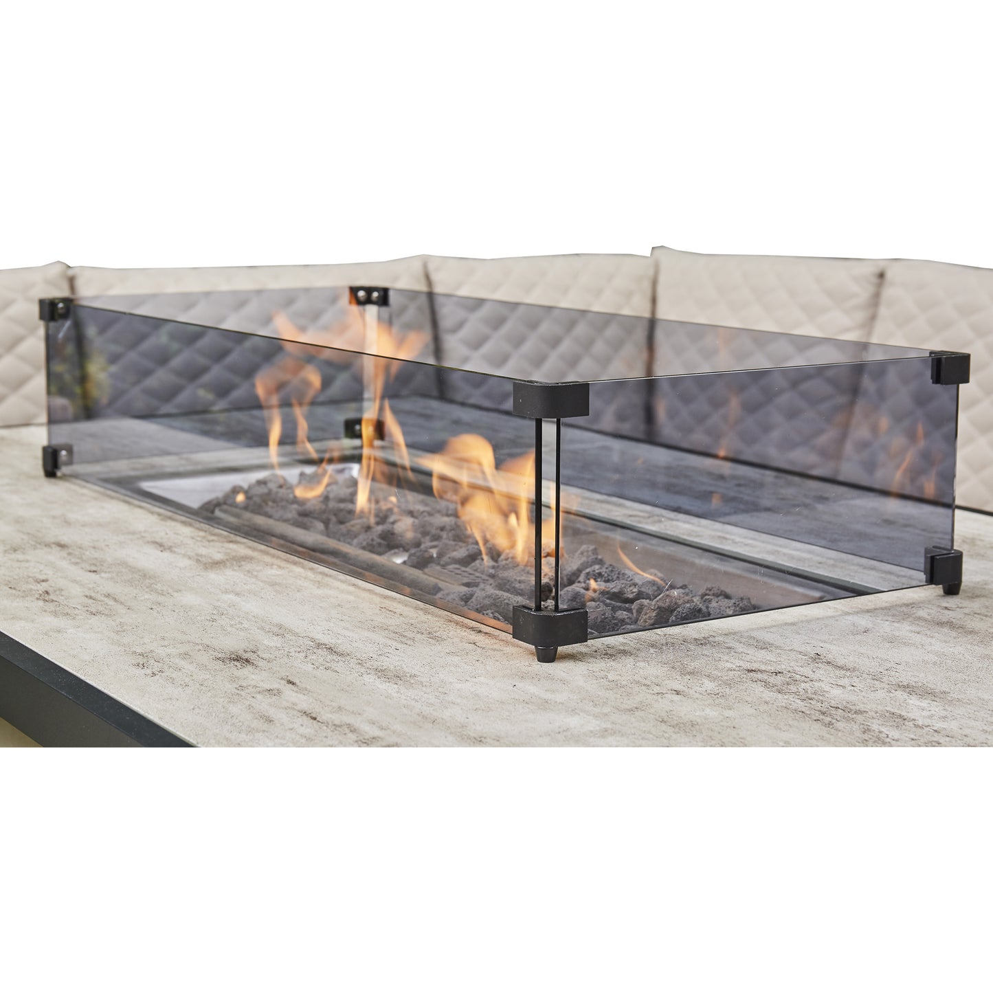 Modern L-Shaped 9-Seater Aluminium Patio Set with Fire Pit Table in Beige