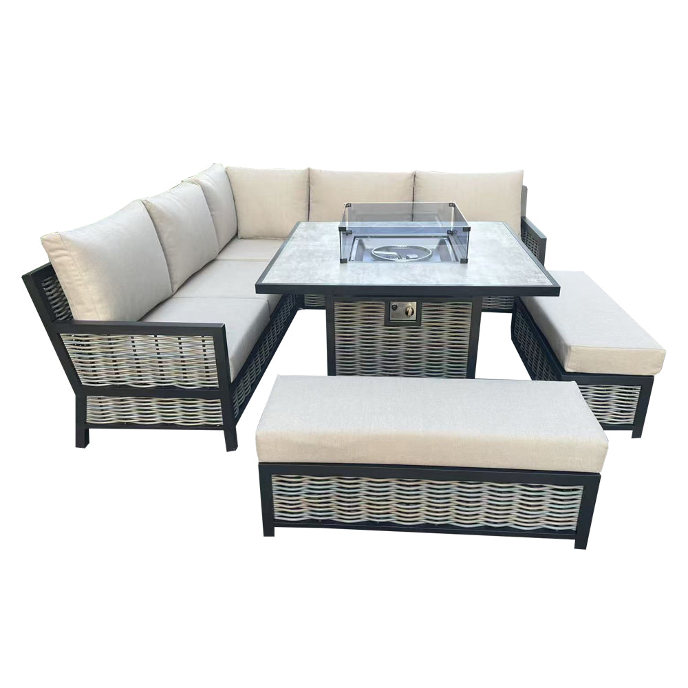 Corner sofa 9-Seater Aluminium Dining Set with Fire Pit Table