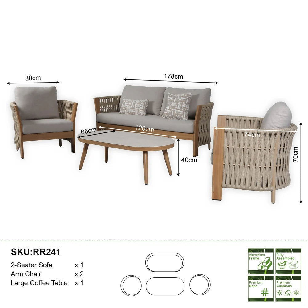 Orion Beige Rope & Wood-Effect Aluminium Frame Sofa Set