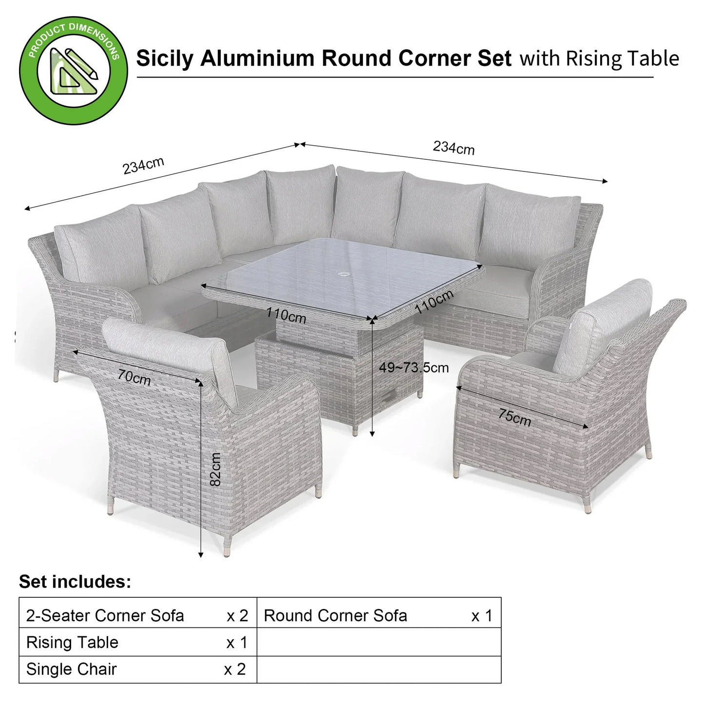 Sicily Aluminium Round Corner Set with Rising Table dimensions and product details.