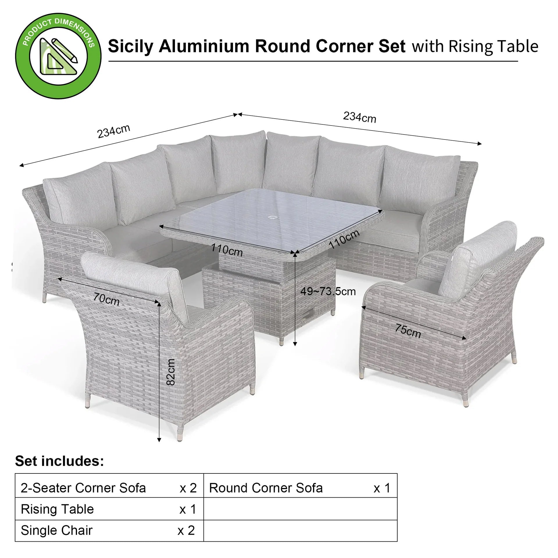 Sicily Aluminium Round Corner Set with Rising Table dimensions and product details.