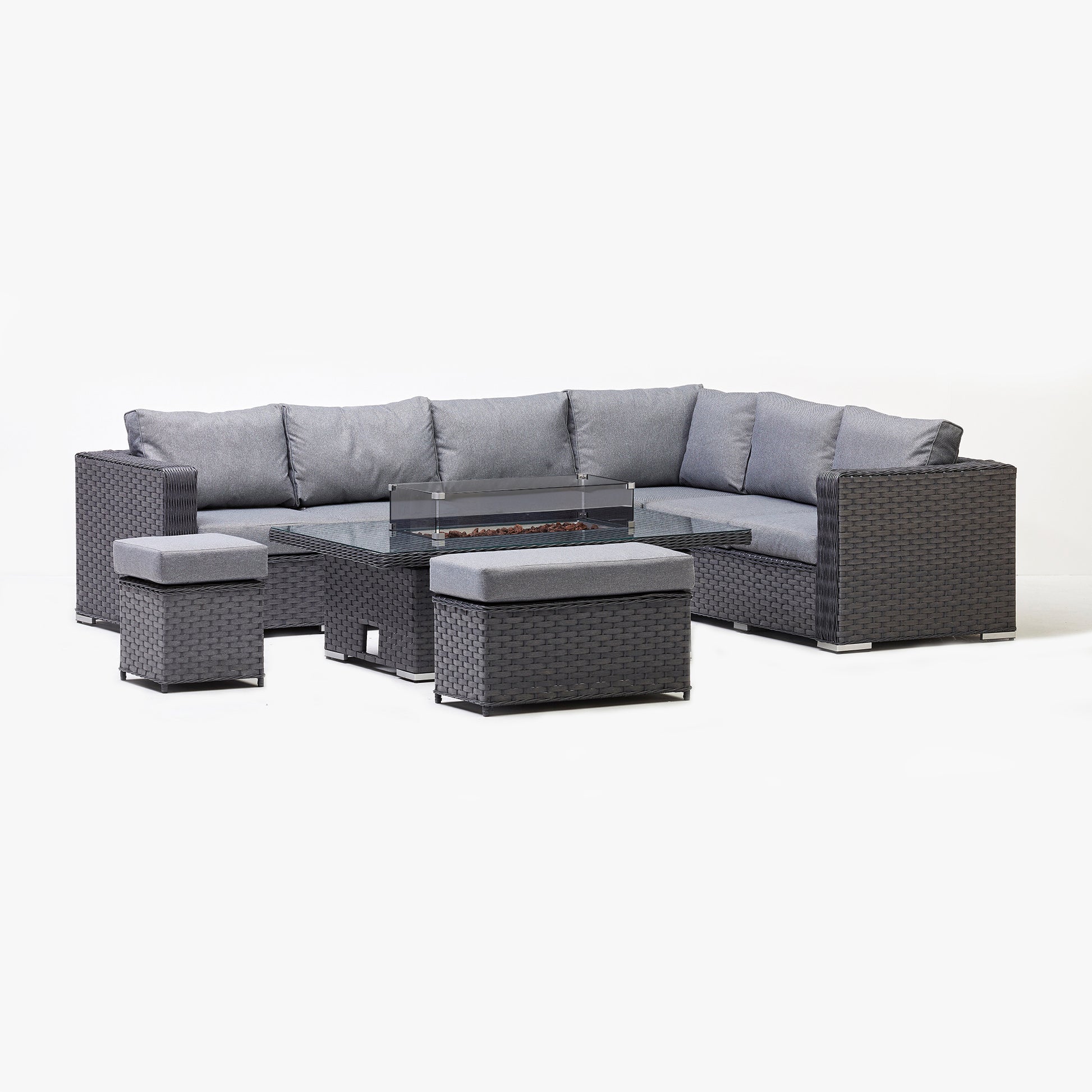 Rattan sofa dining set with firepit