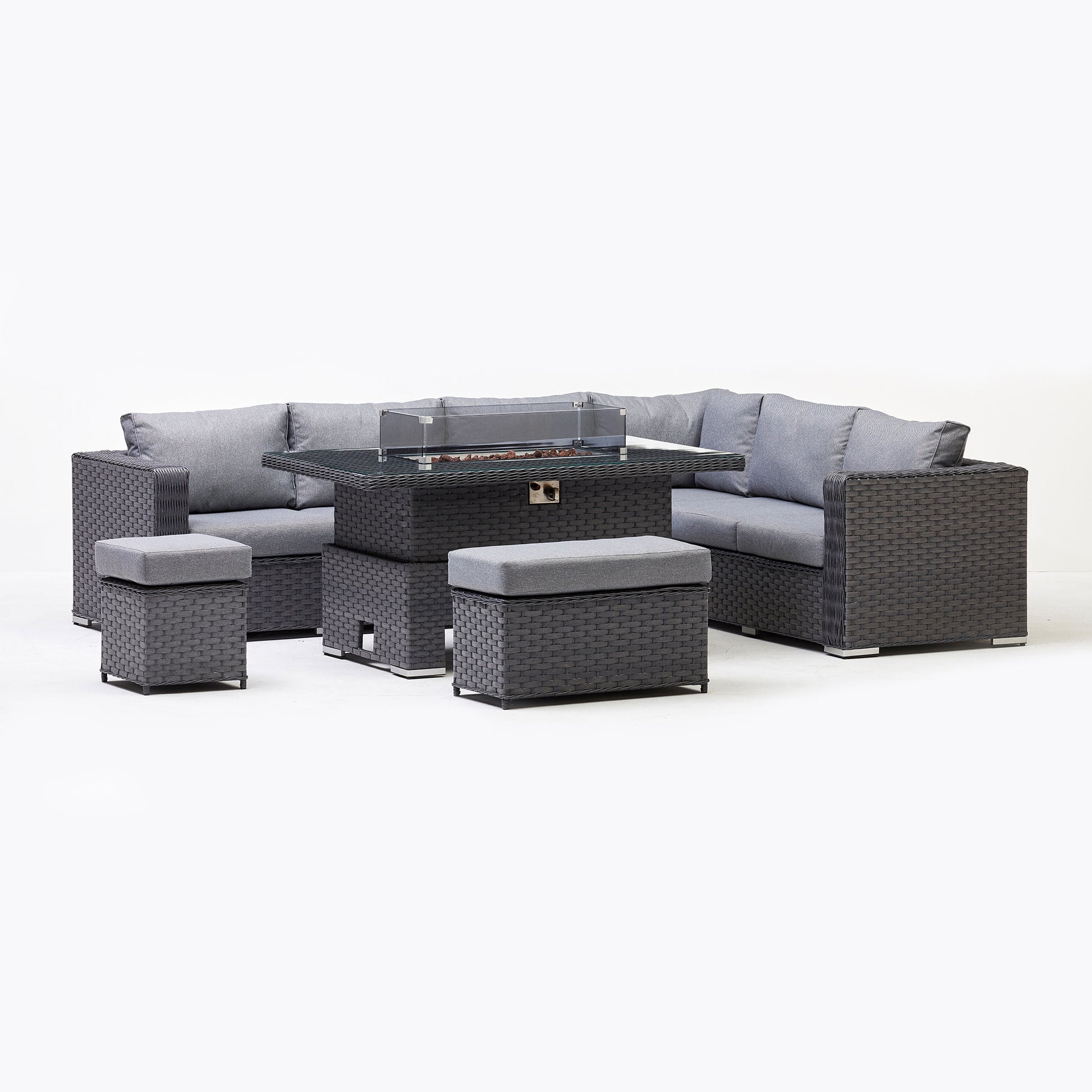 Rattan corner sofa set with fire pit