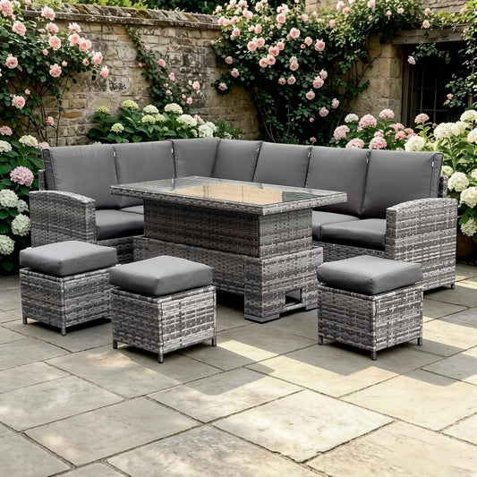 Grey Rattan 9-Seater Corner Dining Set with Adjustable Rising Table and 3 Stools