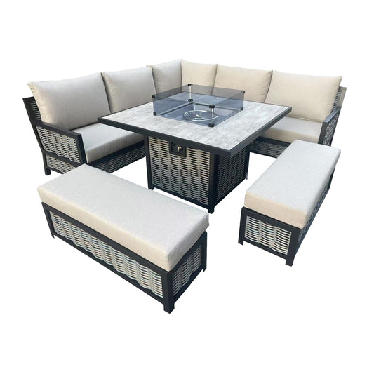Corner sofa 9-Seater Aluminium Dining Set with Fire Pit Table