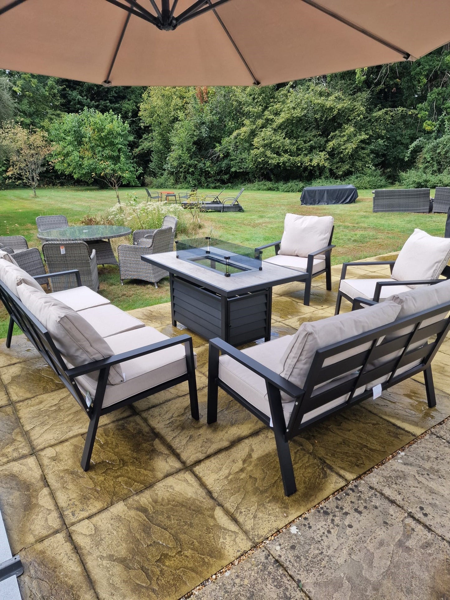 Sotogrande Aluminium Sofa Dining Set with Firepit - Beige
