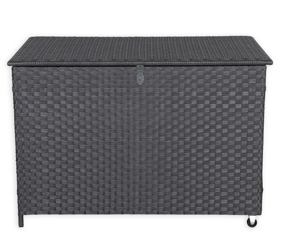 Full view of the 480L black polyrattan outdoor storage chest with closed lid