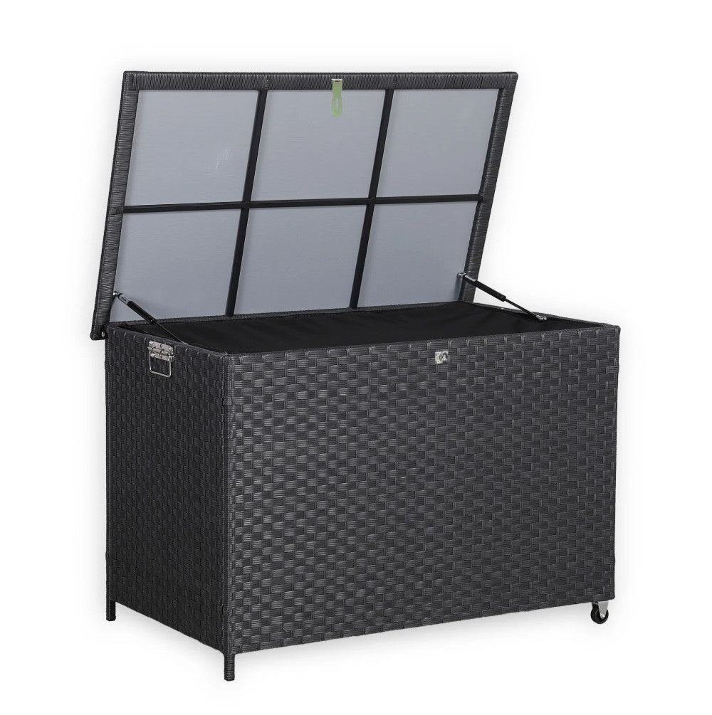 Open lid showing the spacious interior capacity of the 480L black polyrattan garden storage box