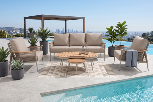 Rattan Republic RR254 luxury rope sofa set styled outdoors with nesting tables