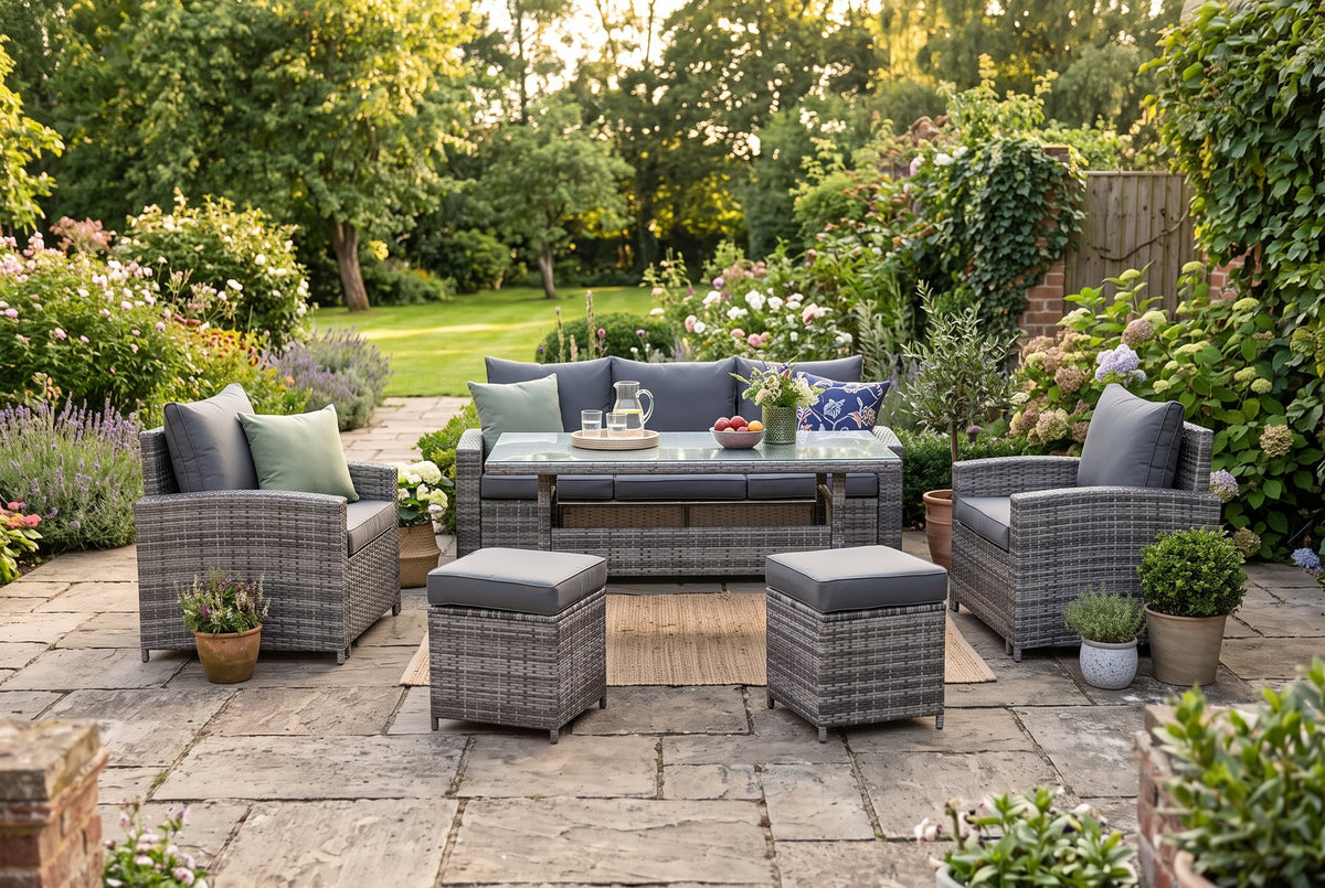 High Back Rattan Sofa & Dining Set with Table, Armchairs & Stools – Premium Grey