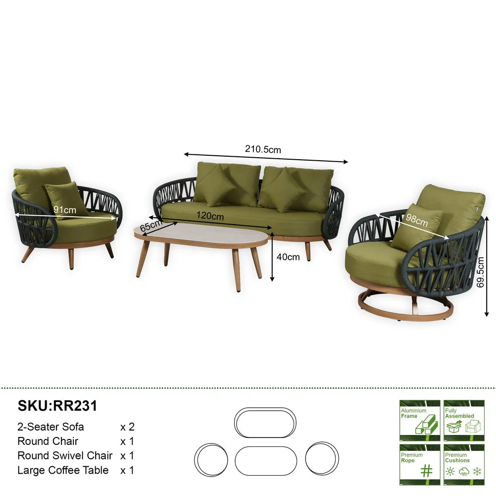 Luna Olive Green Rope Sofa Set with Green Cushions