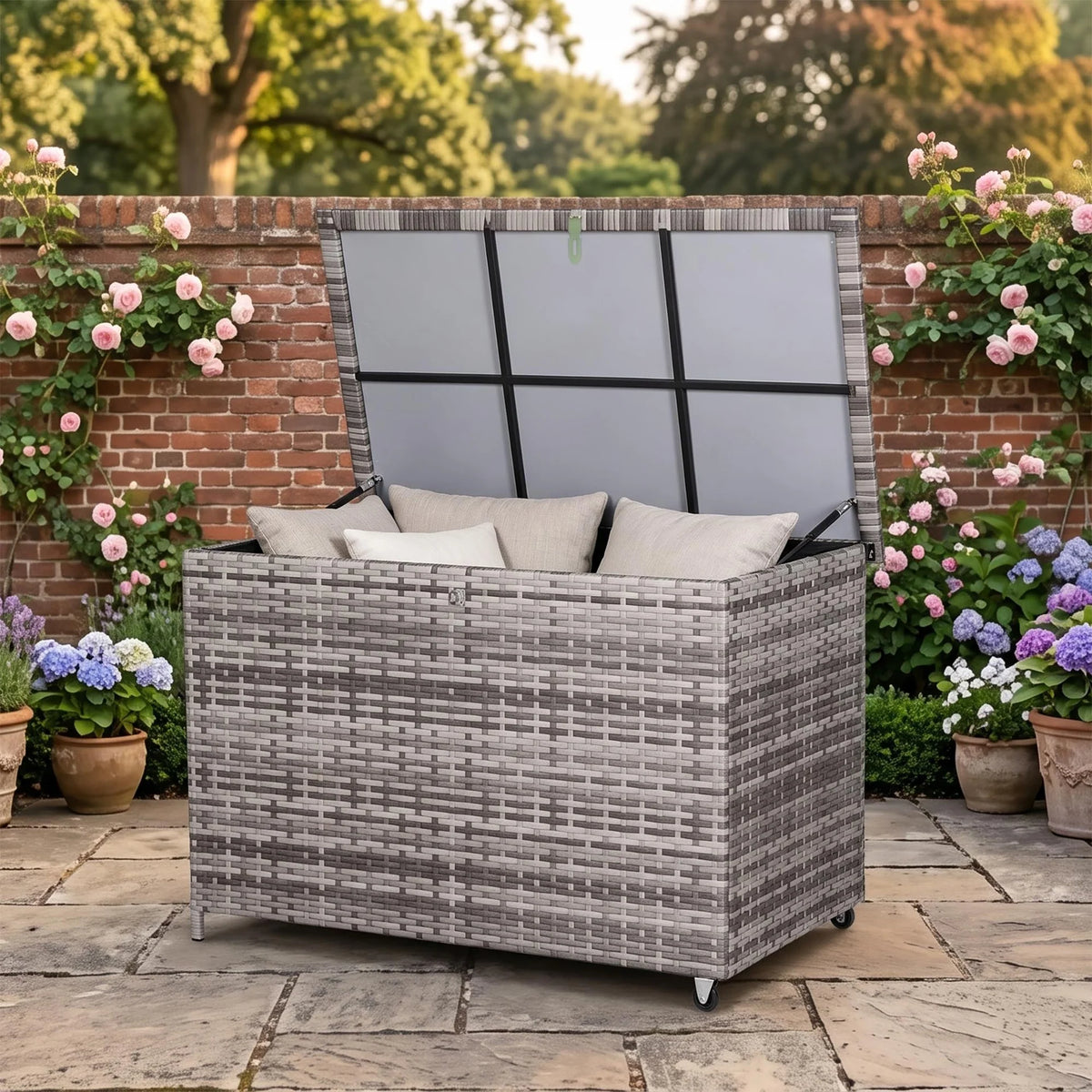 Grey Rattan Garden Storage Box 480L Cushion Box