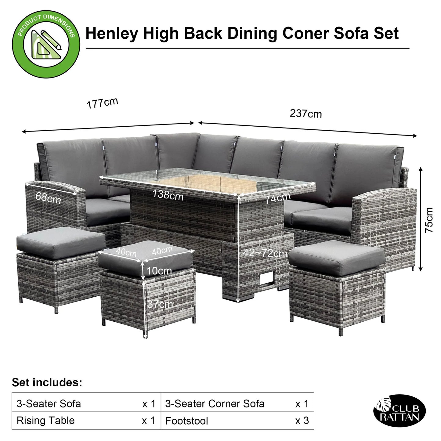 Henley High Back LHF Rattan Corner Dining Set with Rising Table – Premium Grey