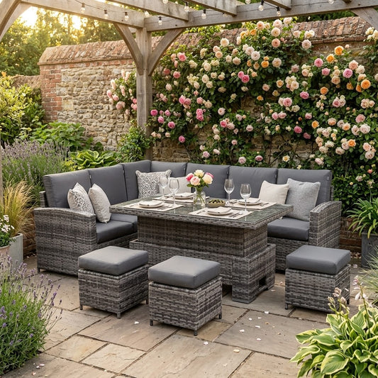 Henley High Back LHF Rattan Corner Dining Set with Rising Table – Premium Grey