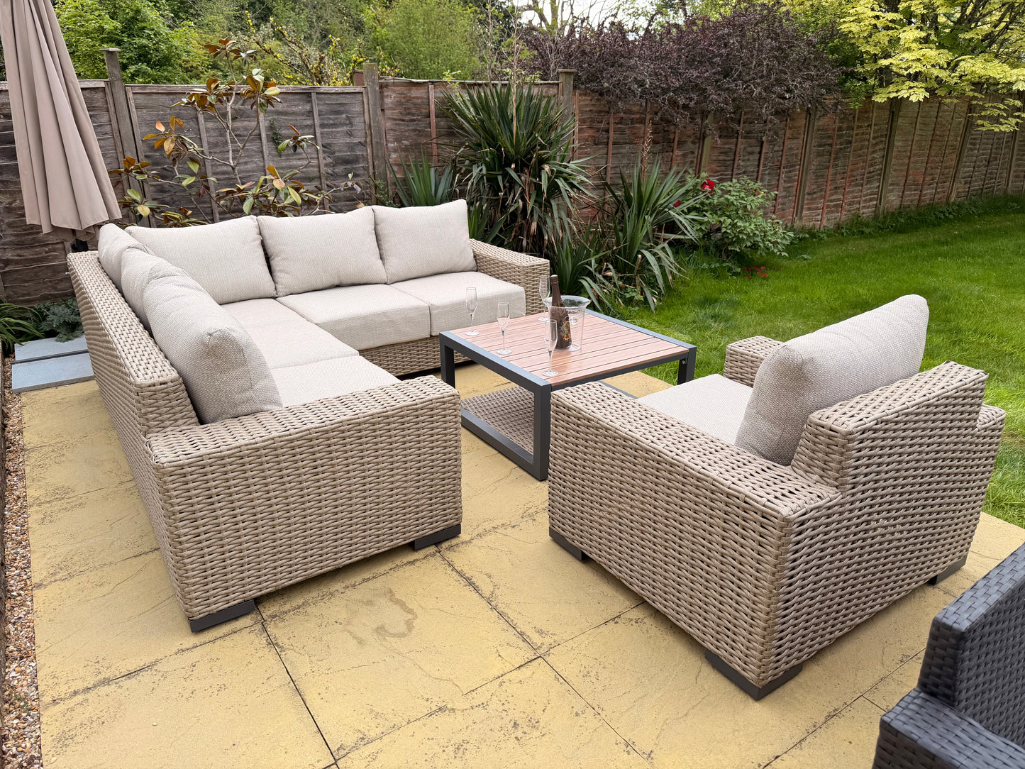 Chunky Rattan Rafi Corner Sofa with Armchair and Coffee Table