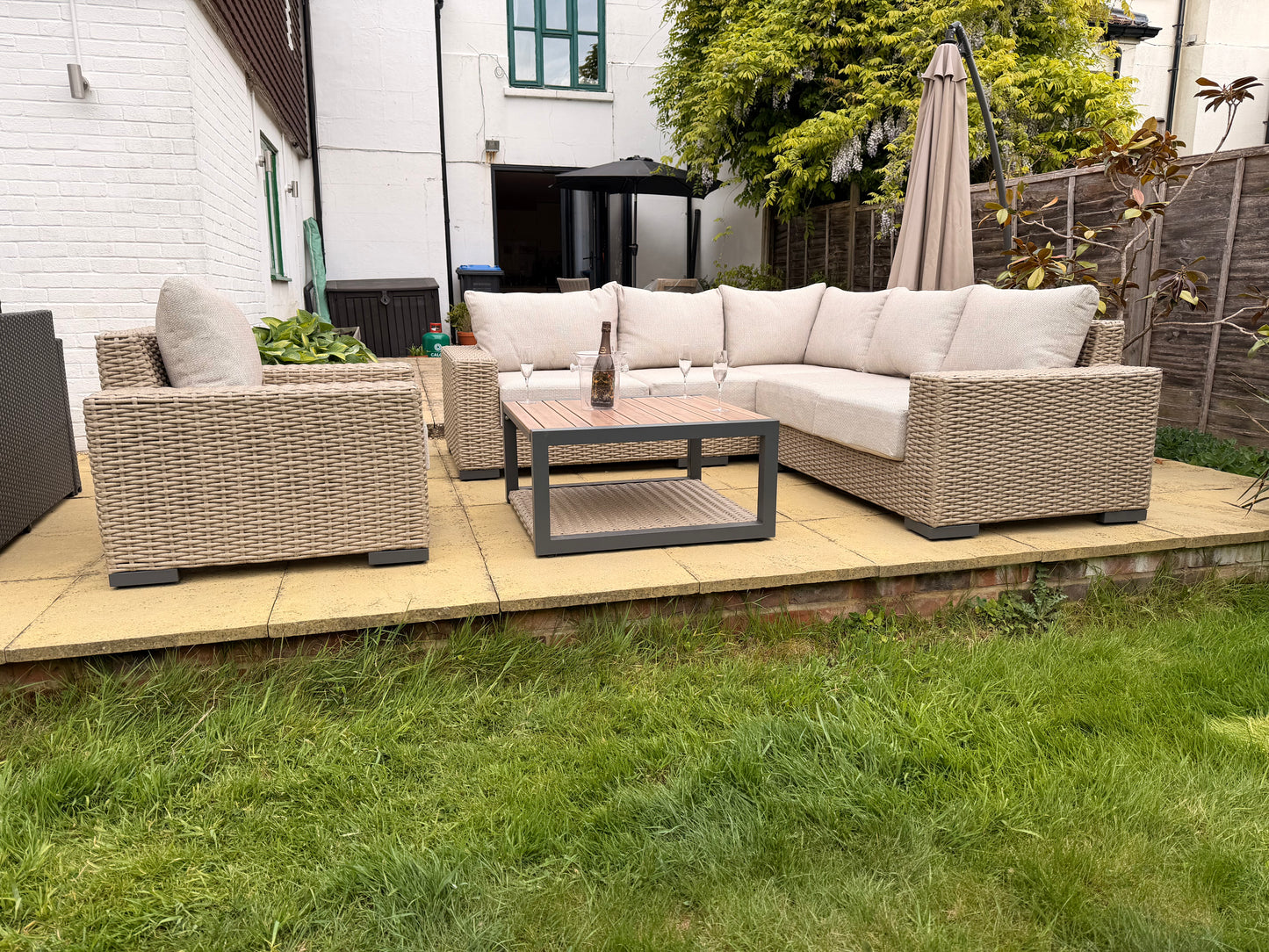 Chunky Rattan Rafi Corner Sofa with Armchair and Coffee Table