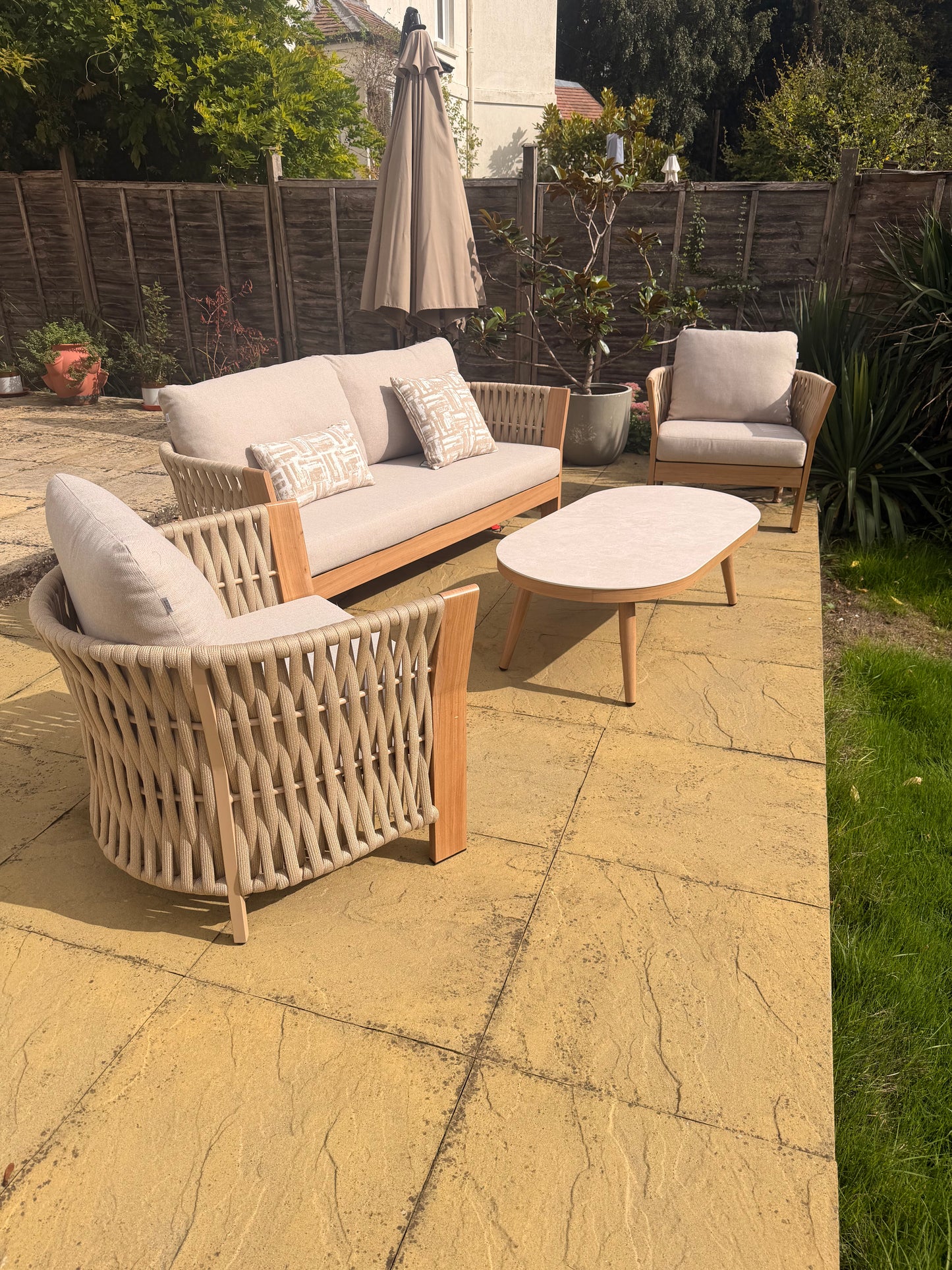 Orion Range Beige Rope & Wood-Effect Aluminium Frame Sofa Set with Beige cushions