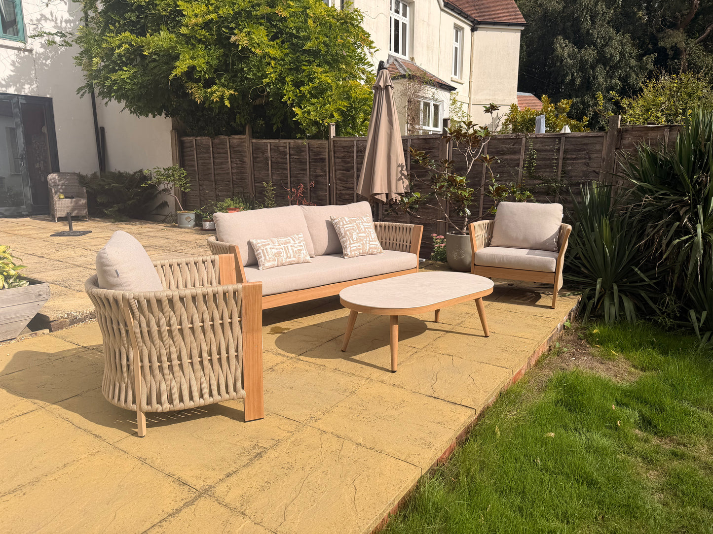 Orion Range Beige Rope & Wood-Effect Aluminium Frame Sofa Set with Beige cushions