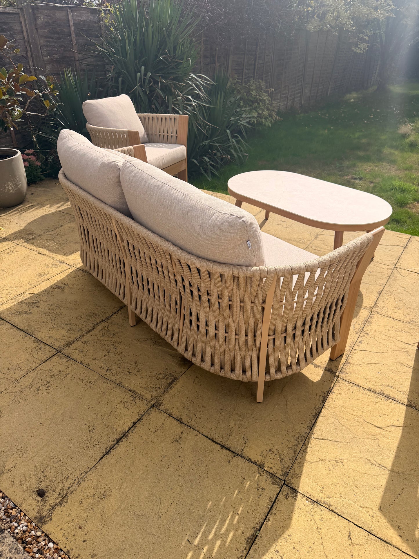 Orion Range Beige Rope & Wood-Effect Aluminium Frame Sofa Set with Beige cushions