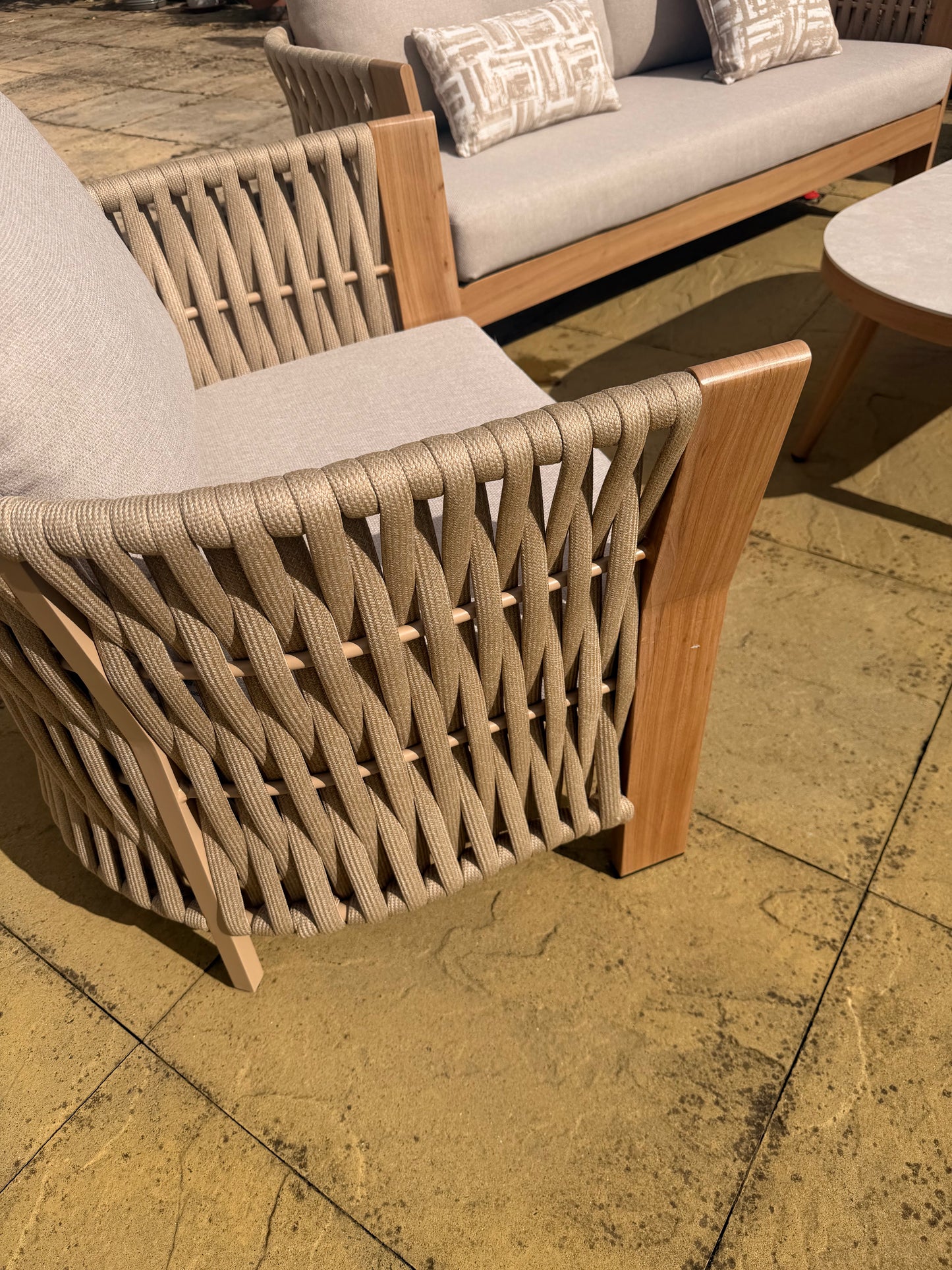 Orion Range Beige Rope & Wood-Effect Aluminium Frame Sofa Set with Beige cushions