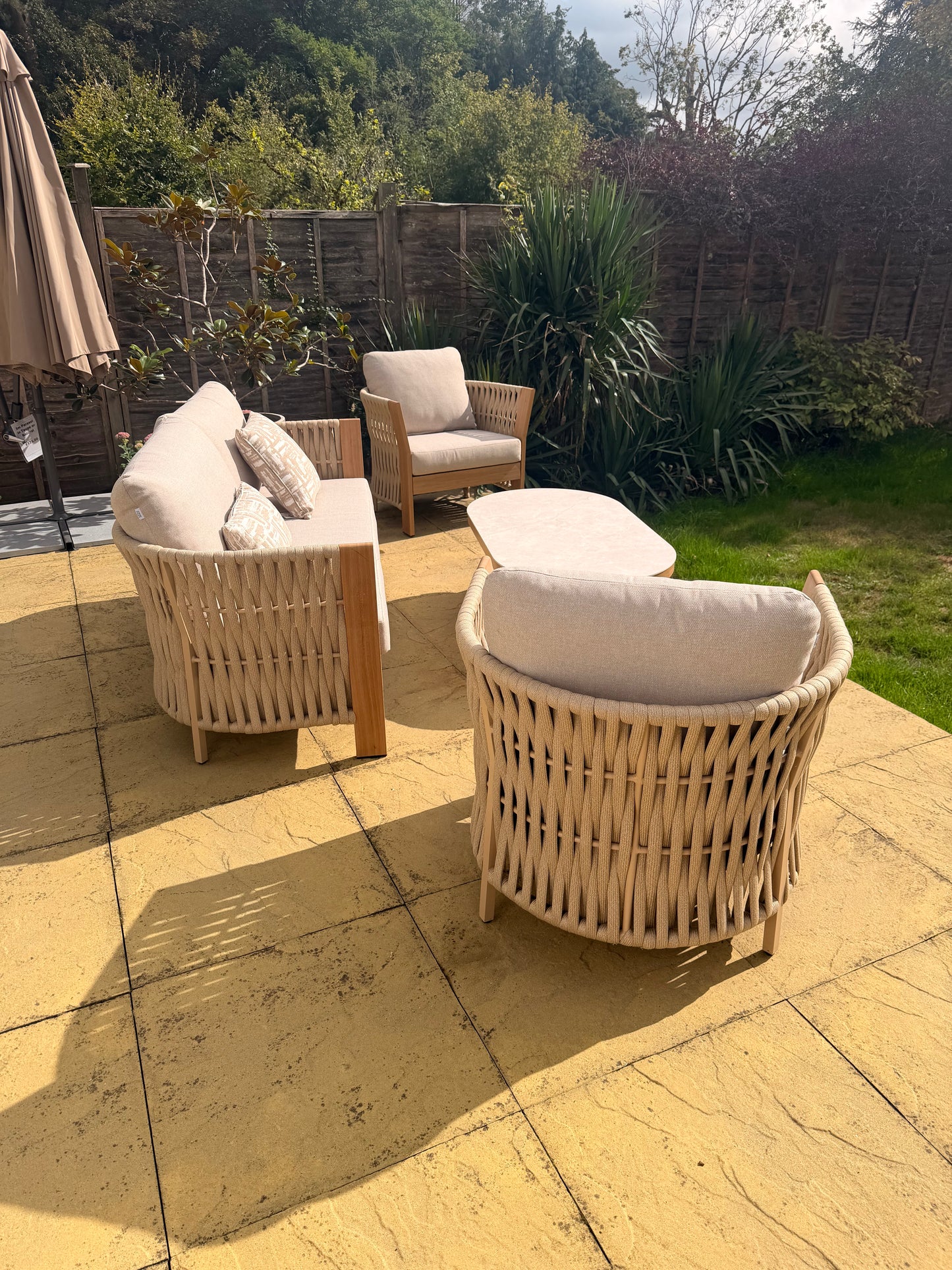 Orion Range Beige Rope & Wood-Effect Aluminium Frame Sofa Set with Beige cushions