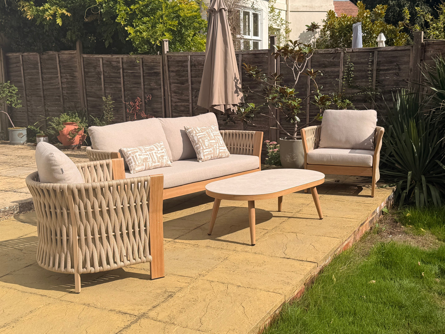 Orion Range Beige Rope & Wood-Effect Aluminium Frame Sofa Set with Beige cushions