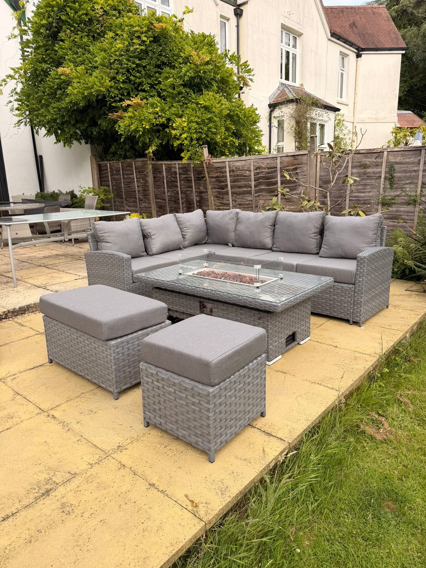 Isobella High Back Left Hand Corner Sofa Set with Fire Pit Rising Table