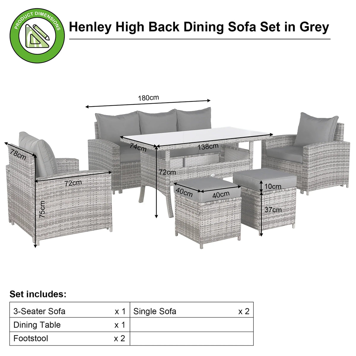 High Back Rattan Sofa & Dining Set with Table, Armchairs & Stools – Premium Grey