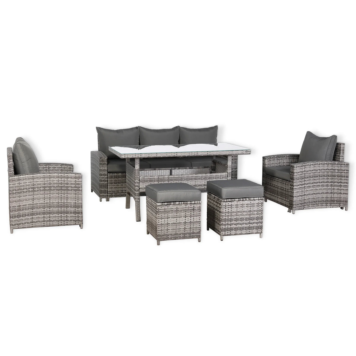 High Back Rattan Sofa & Dining Set with Table, Armchairs & Stools – Premium Grey