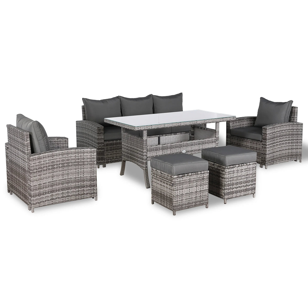 High Back Rattan Sofa & Dining Set with Table, Armchairs & Stools – Premium Grey