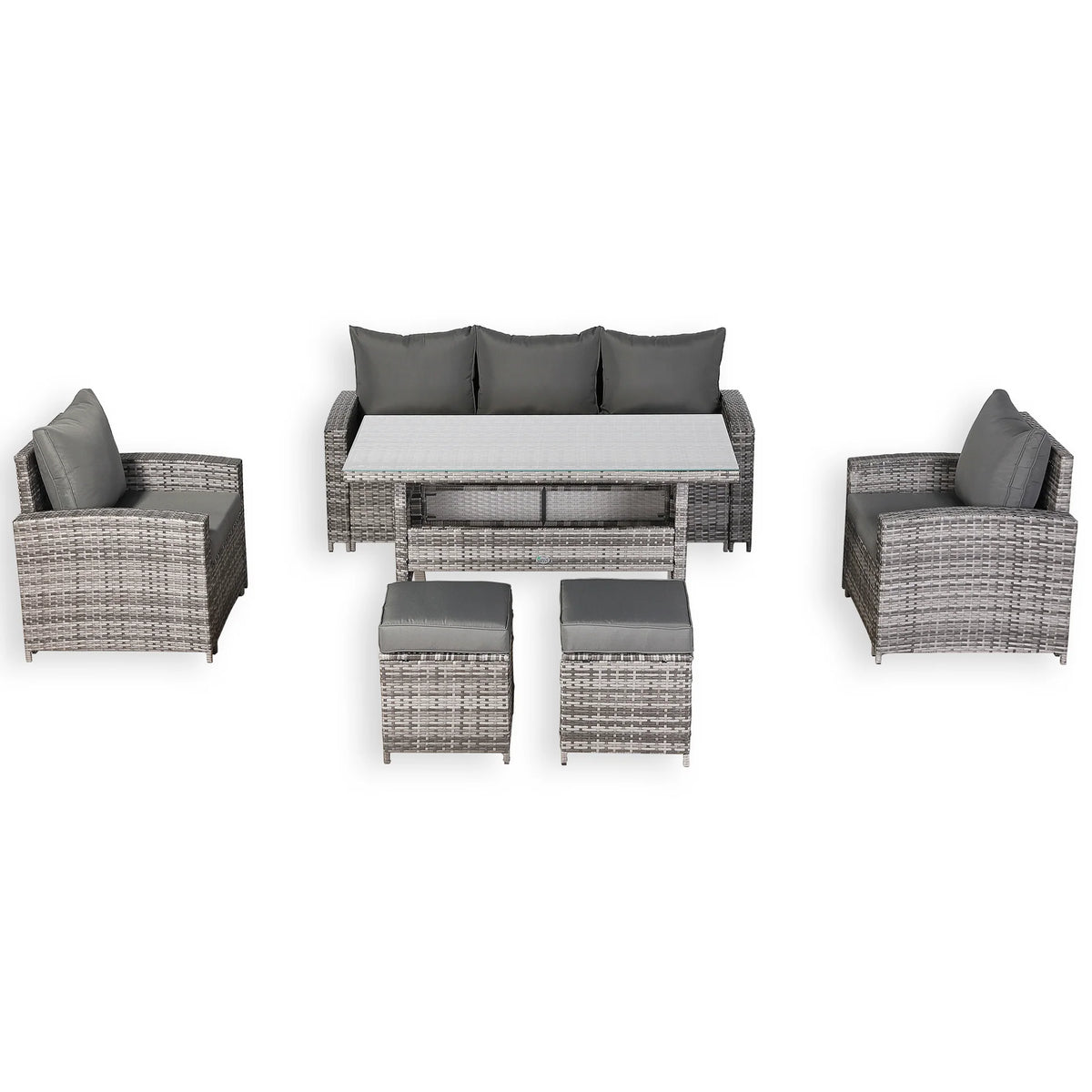 High Back Rattan Sofa & Dining Set with Table, Armchairs & Stools – Premium Grey