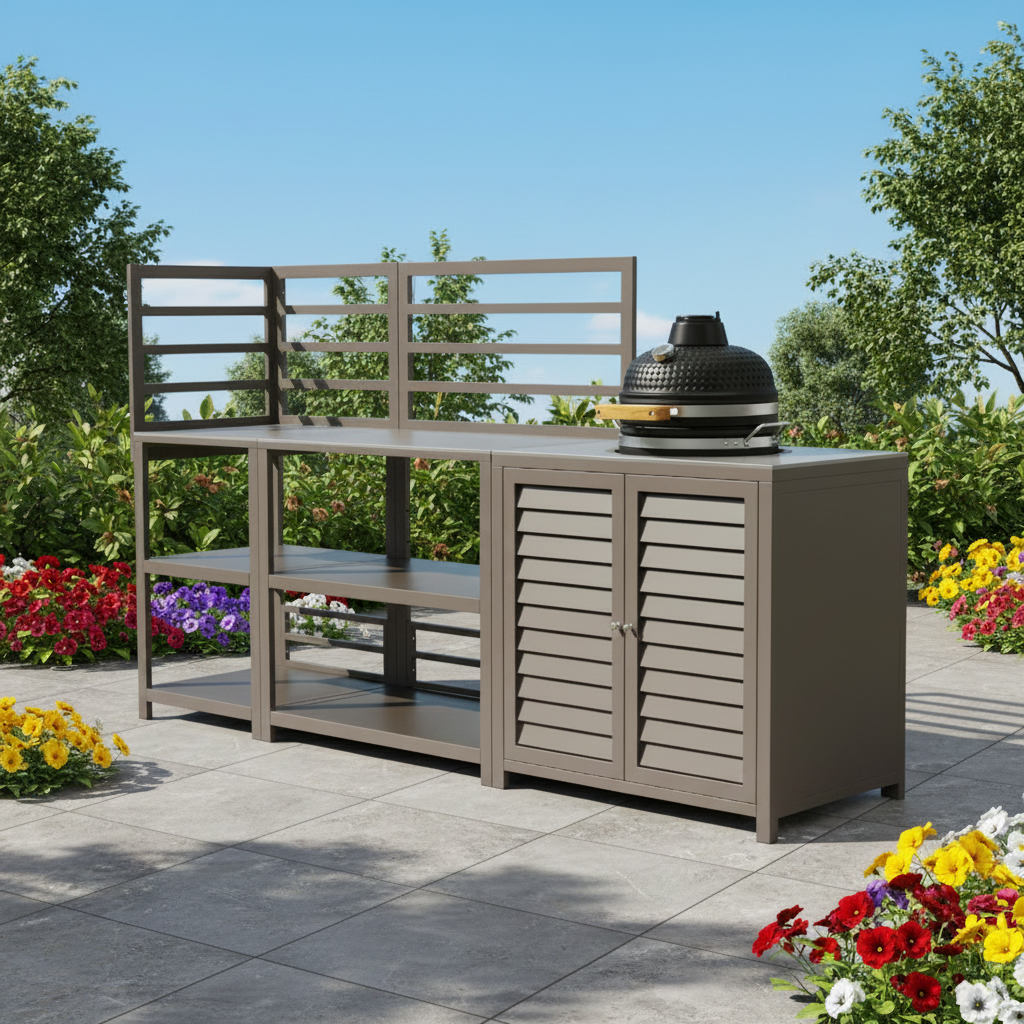 Coffee outdoor kitchen island with shelves and a barbecue grill on a white background