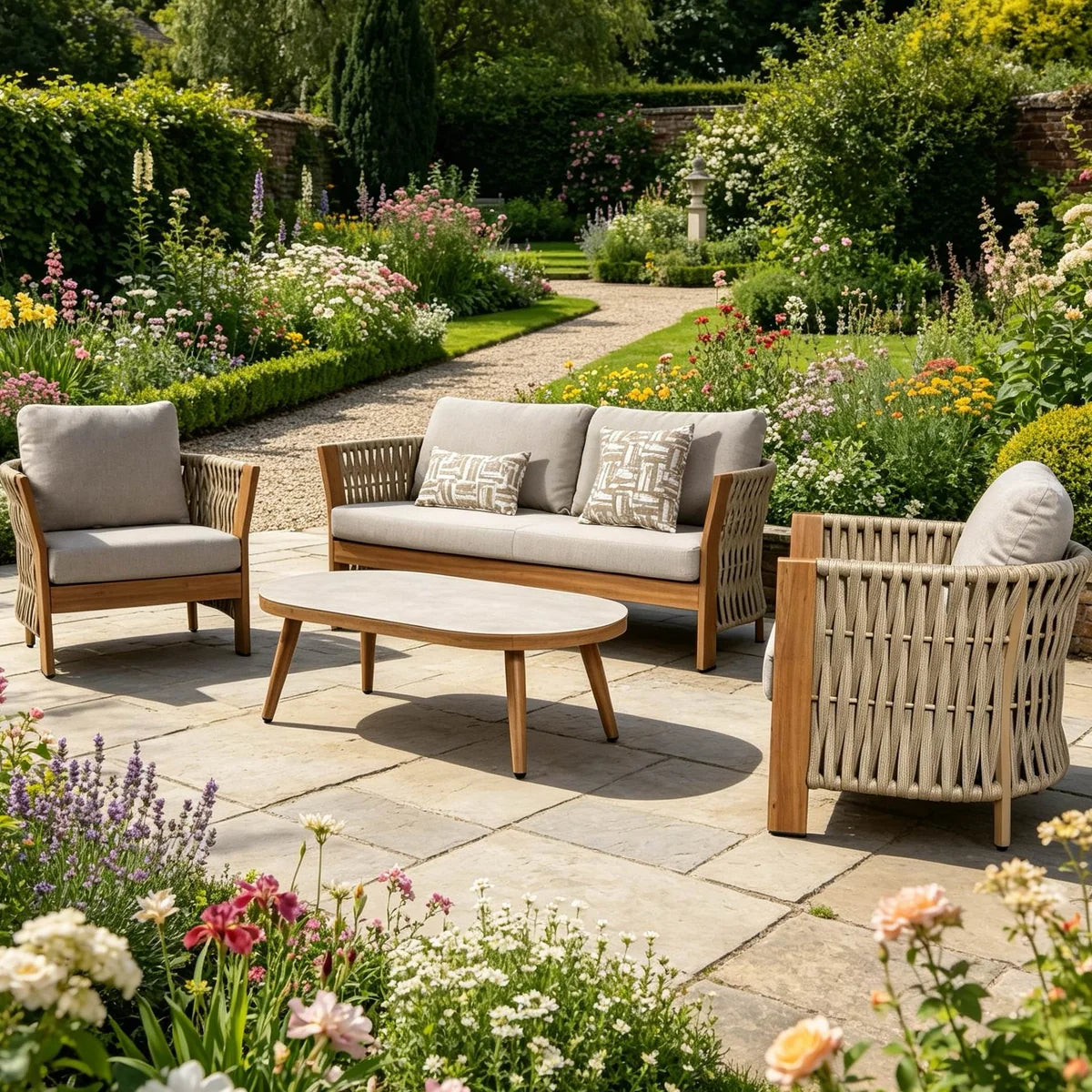 Orion Beige Rope & Wood-Effect Aluminium Frame Sofa Set