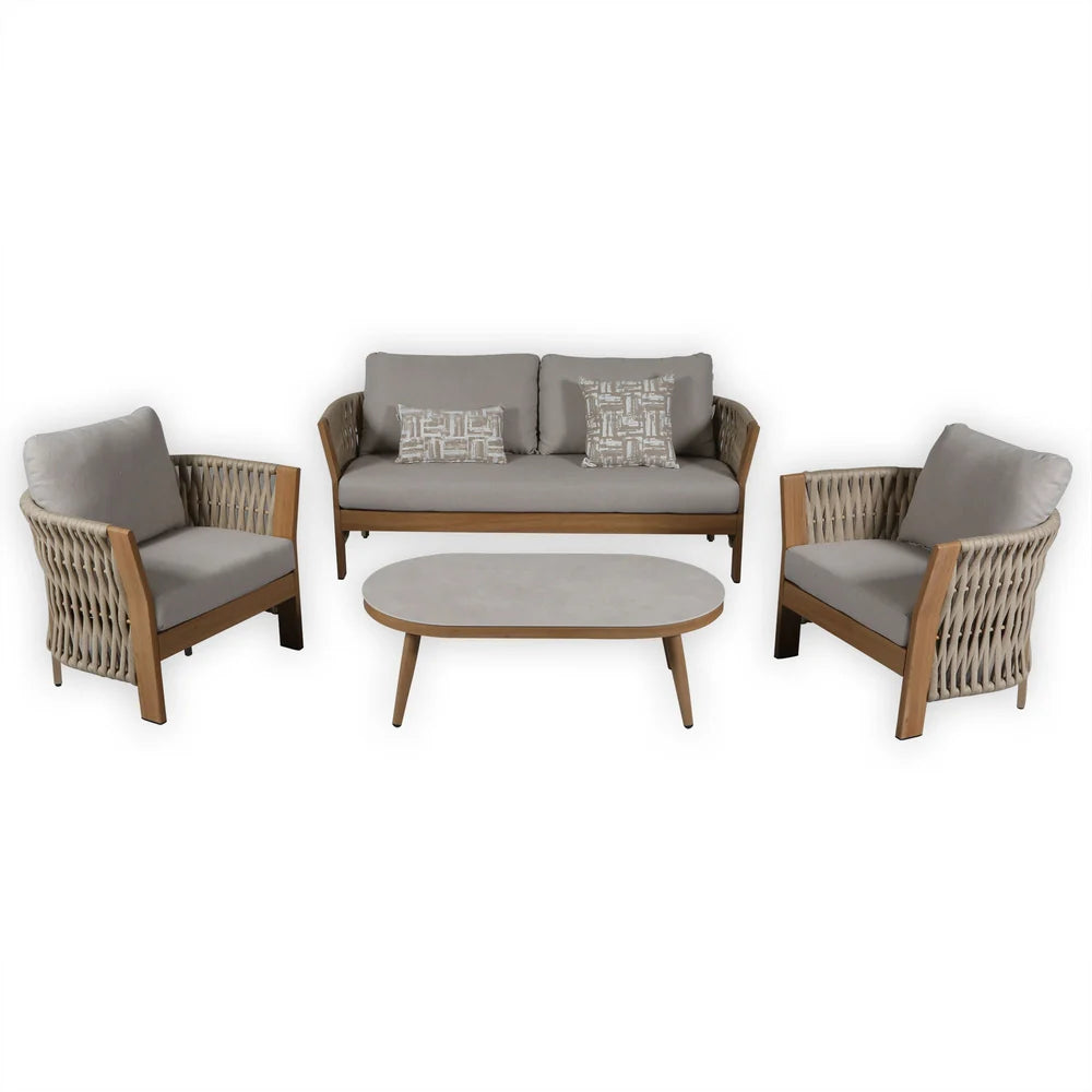 Orion Beige Rope & Wood-Effect Aluminium Frame Sofa Set