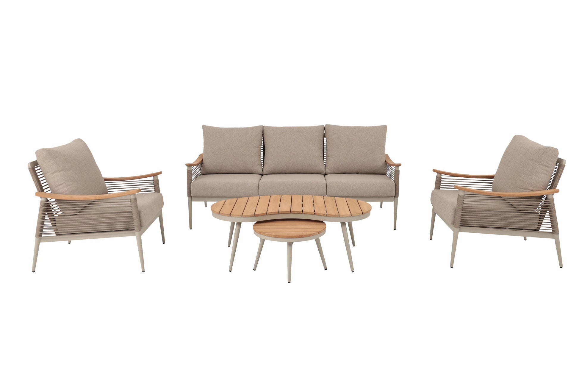 Rattan Republic RR254 4-piece rope sofa set on white background – sofa, armchairs and nesting tables