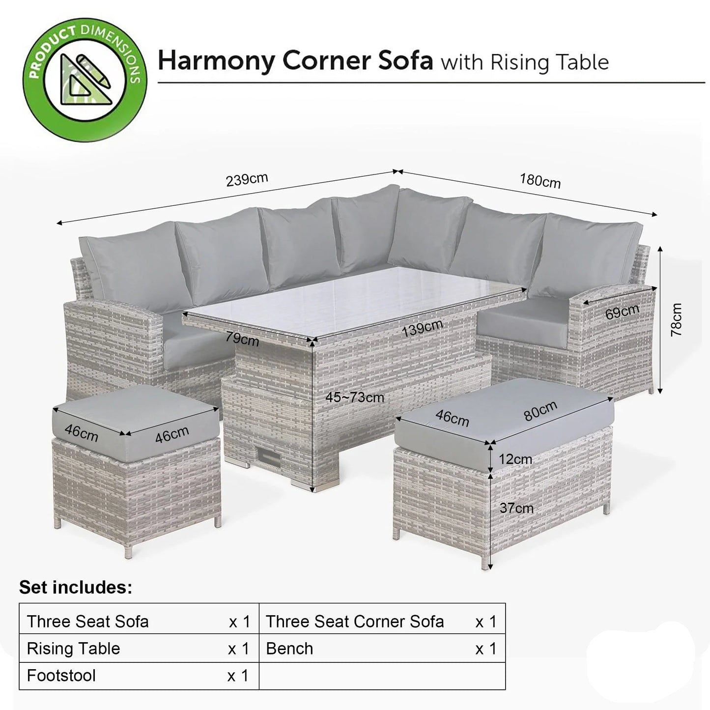 Harmony Corner Sofa with Rising Table set including dimensions and included items on a white background