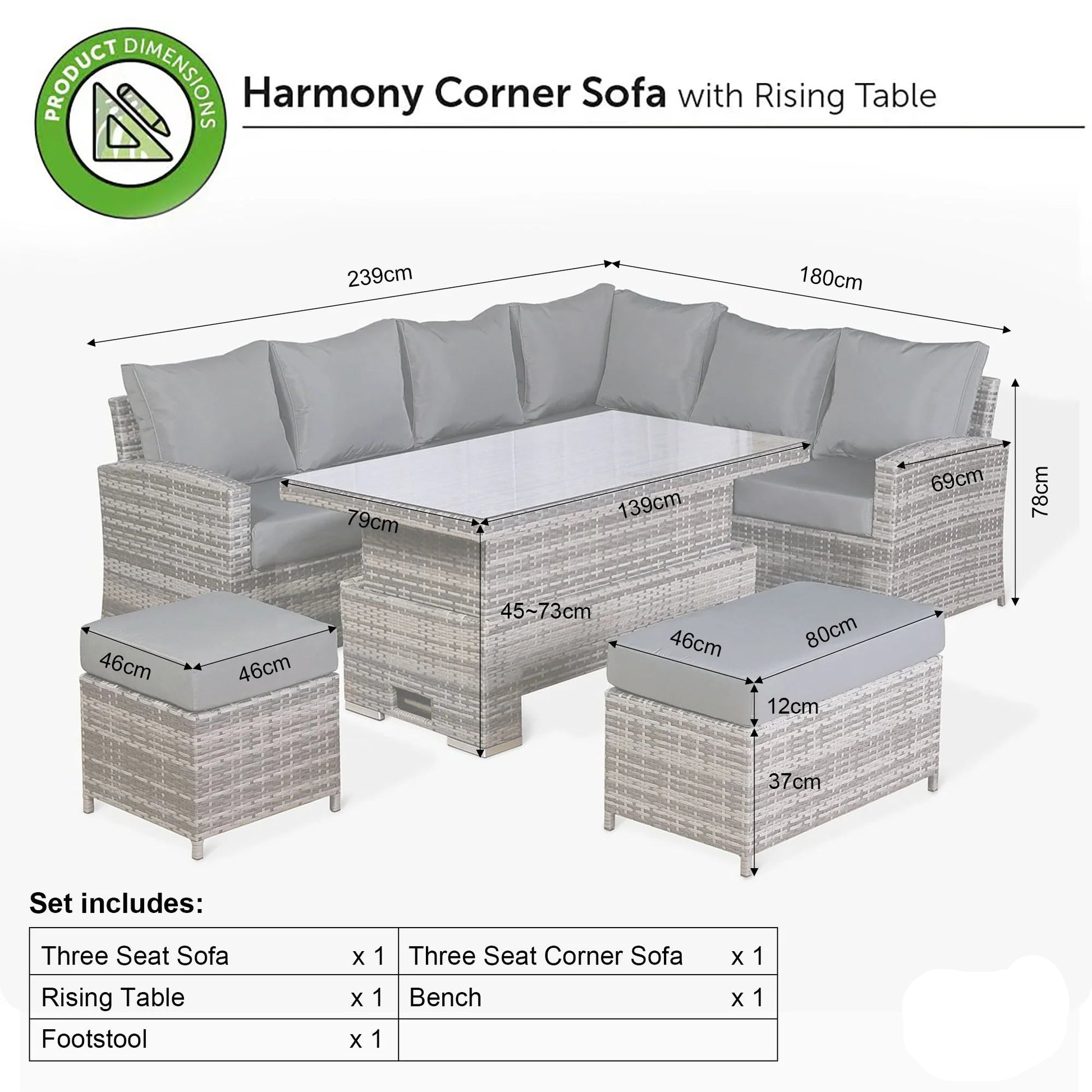 Harmony Corner Sofa with Rising Table set including dimensions and included items on a white background