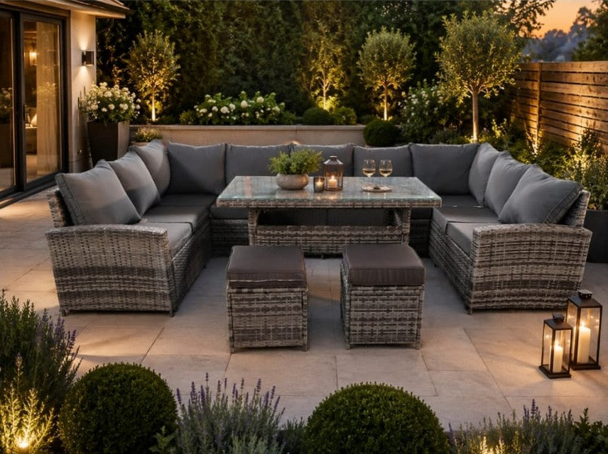 Sheena Premium Rattan Outdoor Corner Dining Set styled on a modern patio garden terrace